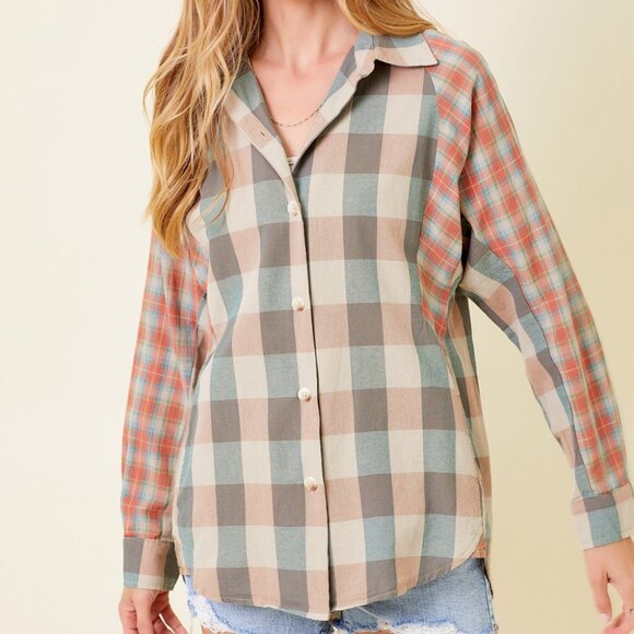 MYSTREE Mixed Plaid Button Down Shirt Neutral Blue & Rust Long Sleeve Casual Top - Picture 2 of 8